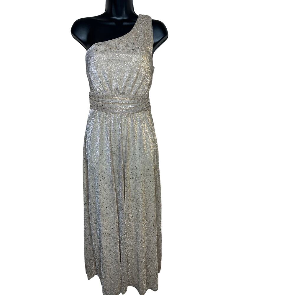 Lulu's Women's Small One Shoulder Gold Glitter Maxi Gown Formal Wedding